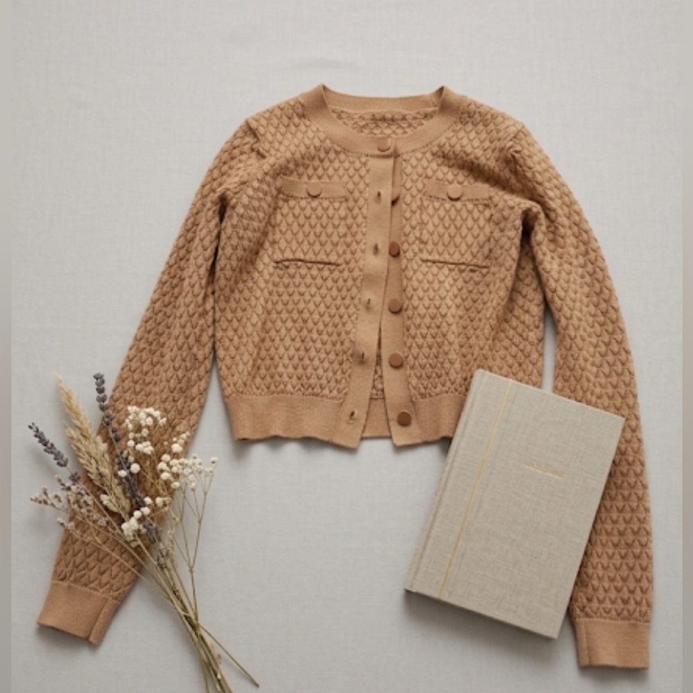 Express Camel Textured Cropped Cardigan